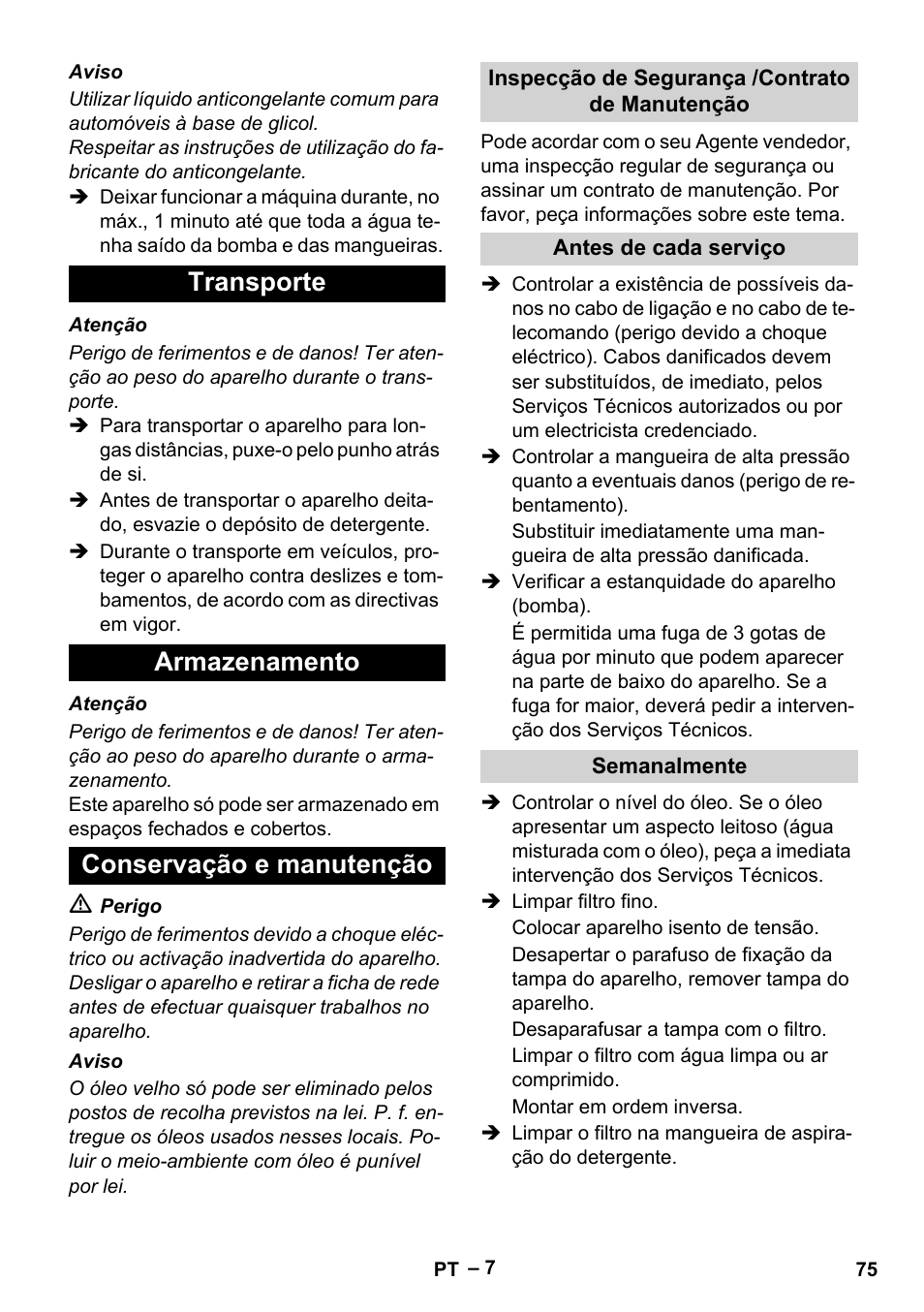 Transporte armazenamento conservação e manutenção | Karcher HD 13-18 S Plus User Manual | Page 75 / 300