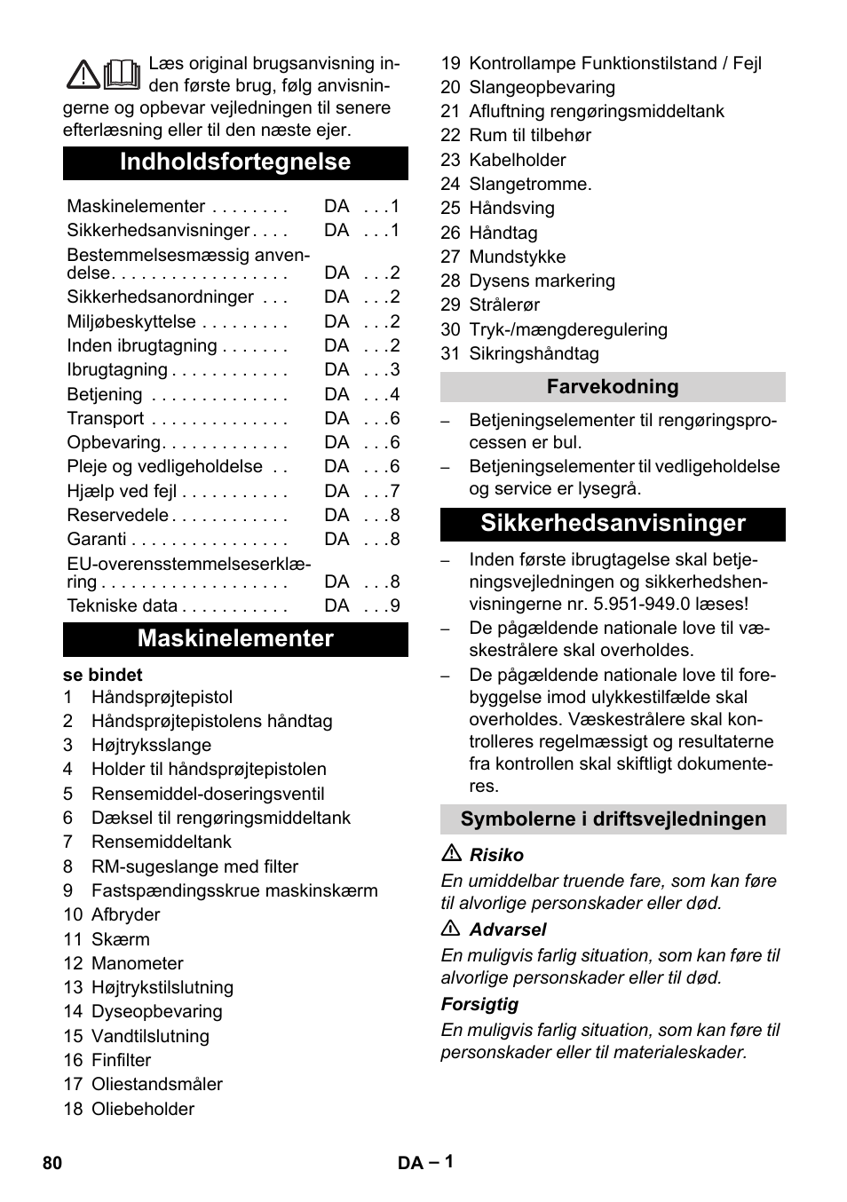 Dansk, Indholdsfortegnelse, Maskinelementer | Sikkerhedsanvisninger | Karcher HD 13-18 S Plus User Manual | Page 80 / 300