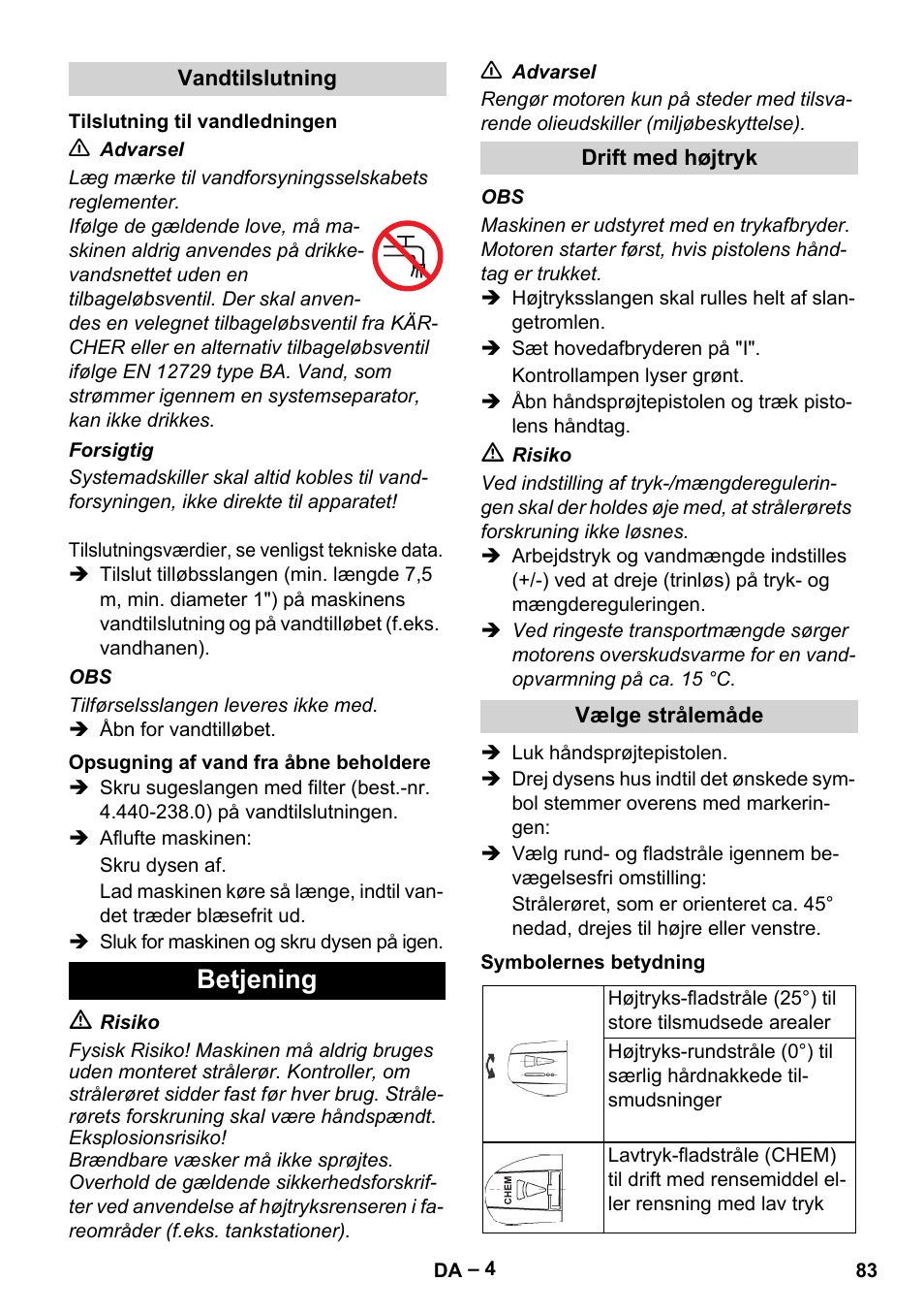 Betjening | Karcher HD 13-18 S Plus User Manual | Page 83 / 300