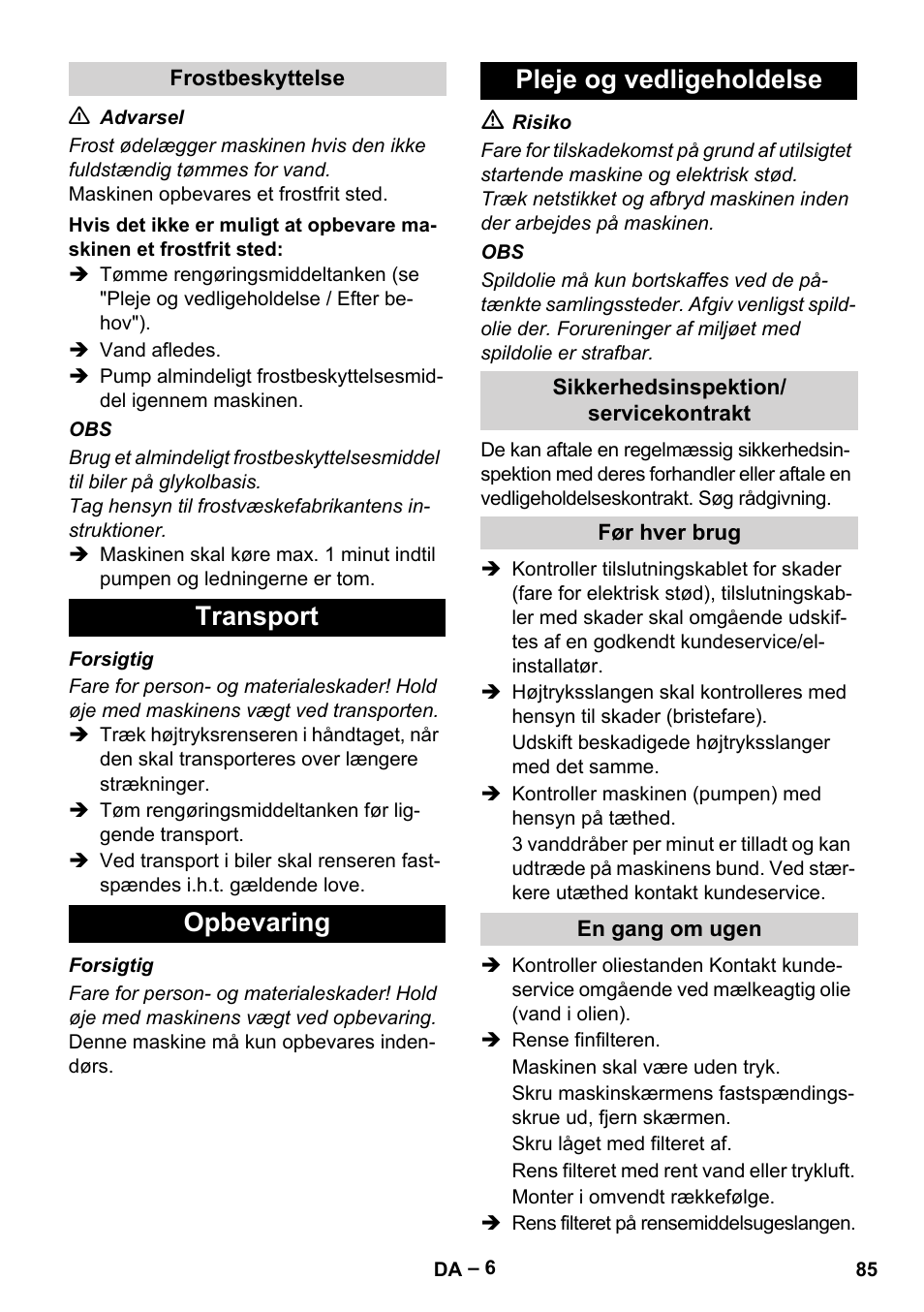 Transport opbevaring pleje og vedligeholdelse | Karcher HD 13-18 S Plus User Manual | Page 85 / 300