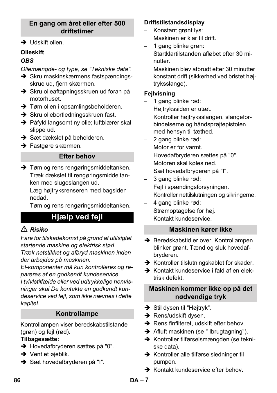 Hjælp ved fejl | Karcher HD 13-18 S Plus User Manual | Page 86 / 300