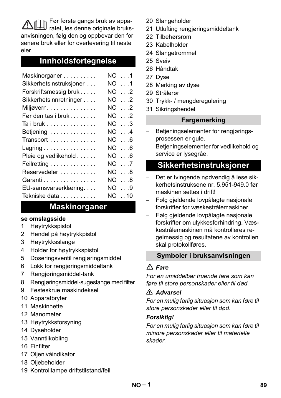 Norsk, Innholdsfortegnelse, Maskinorganer | Sikkerhetsinstruksjoner | Karcher HD 13-18 S Plus User Manual | Page 89 / 300