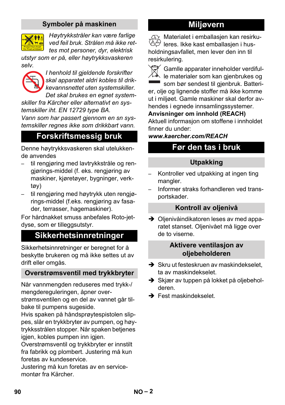 Forskriftsmessig bruk sikkerhetsinnretninger, Miljøvern før den tas i bruk | Karcher HD 13-18 S Plus User Manual | Page 90 / 300