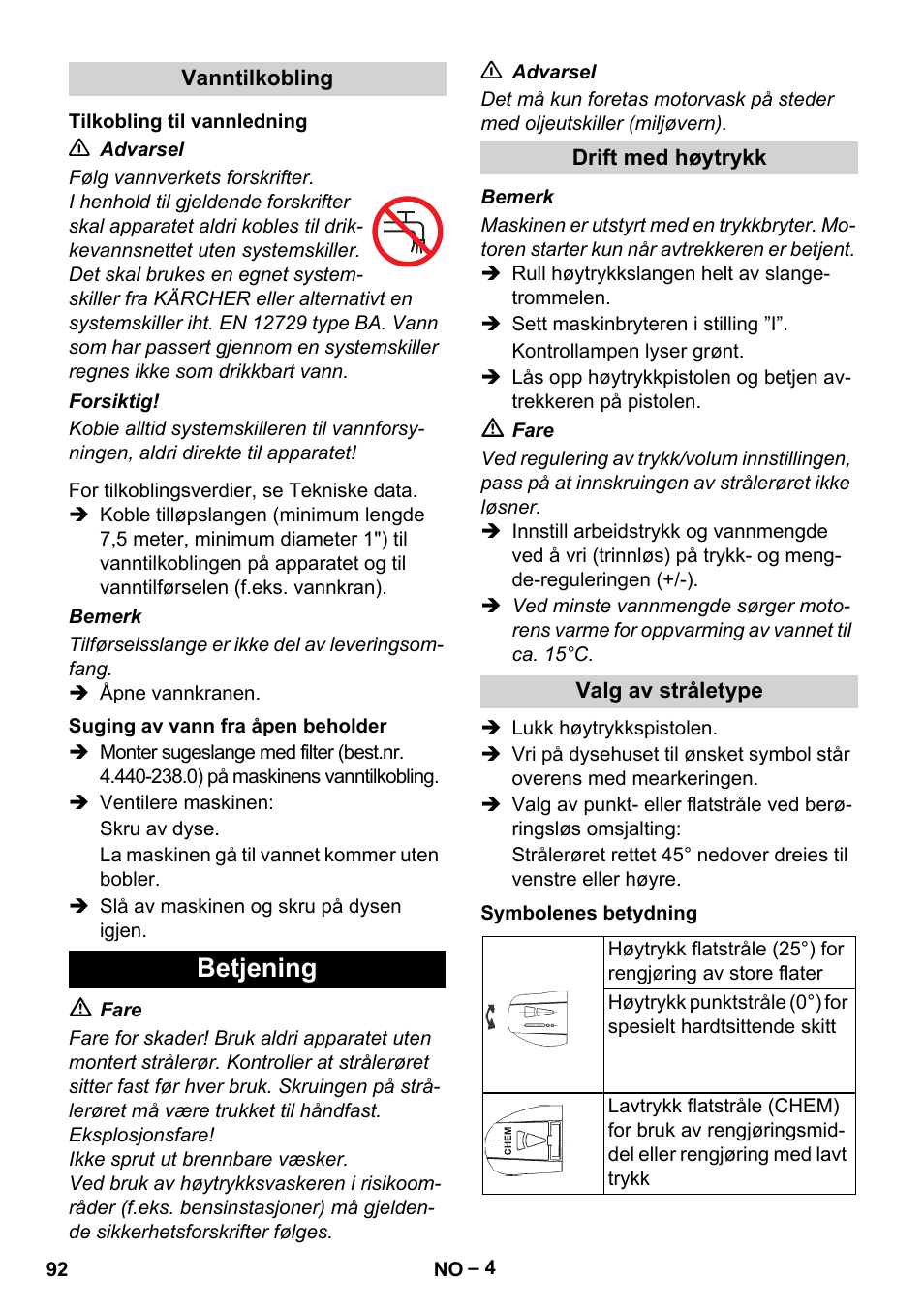 Betjening | Karcher HD 13-18 S Plus User Manual | Page 92 / 300