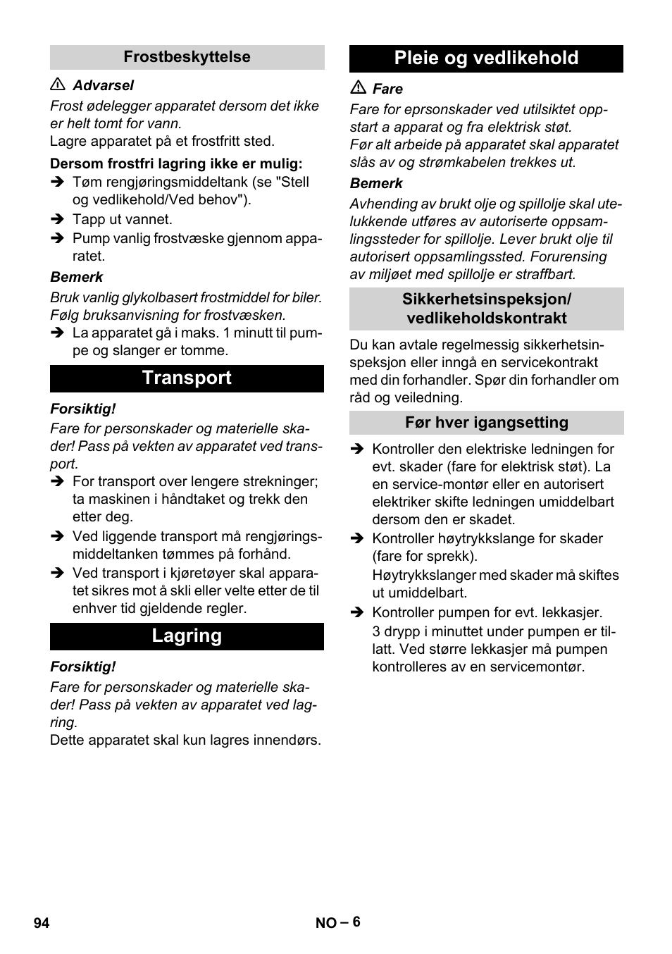 Transport lagring pleie og vedlikehold | Karcher HD 13-18 S Plus User Manual | Page 94 / 300