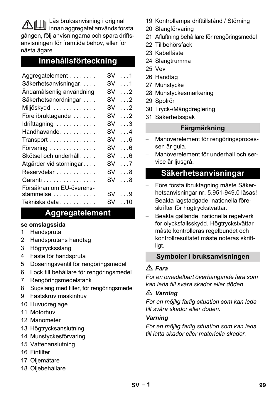 Svenska, Innehållsförteckning, Aggregatelement | Säkerhetsanvisningar | Karcher HD 13-18 S Plus User Manual | Page 99 / 300