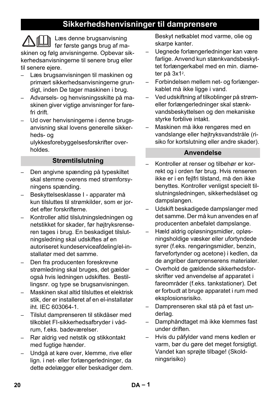Dansk, Sikkerhedshenvisninger til damprensere | Karcher DE 4002 EU User Manual | Page 20 / 60