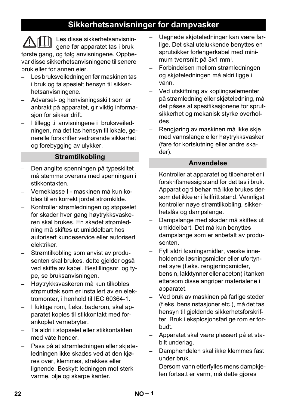 Norsk, Sikkerhetsanvisninger for dampvasker | Karcher DE 4002 EU User Manual | Page 22 / 60