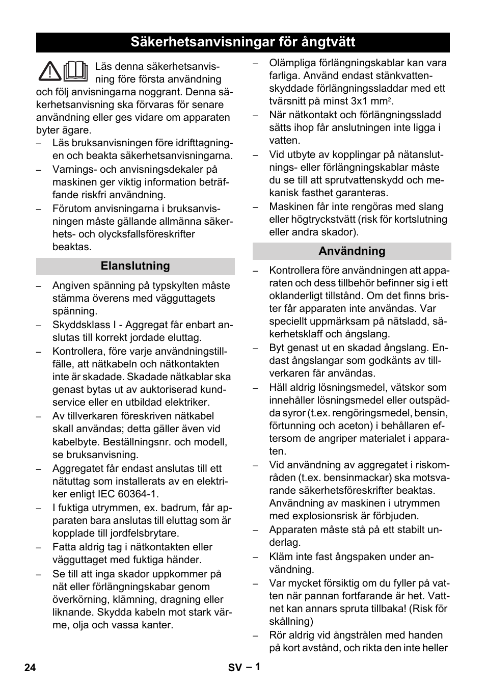 Svenska, Säkerhetsanvisningar för ångtvätt | Karcher DE 4002 EU User Manual | Page 24 / 60