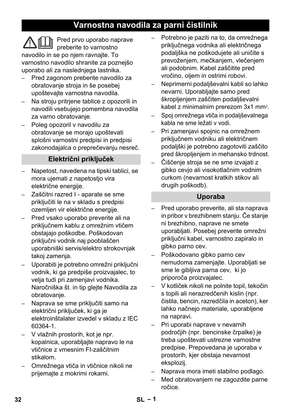 Slovenščina, Varnostna navodila za parni čistilnik | Karcher DE 4002 EU User Manual | Page 32 / 60