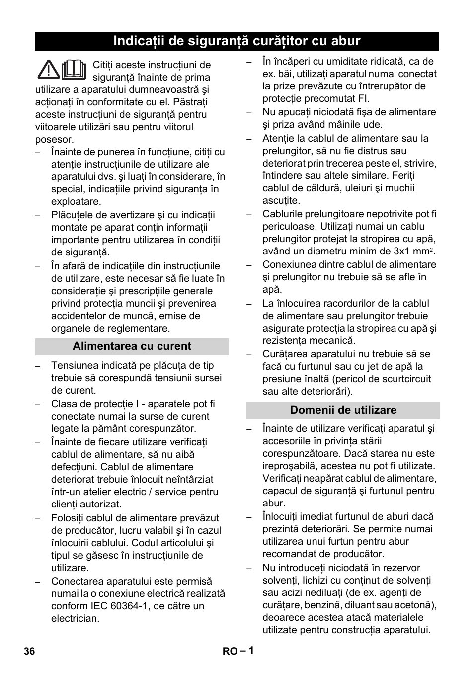 Româneşte, Indicaţii de siguranţă curăţitor cu abur | Karcher DE 4002 EU User Manual | Page 36 / 60