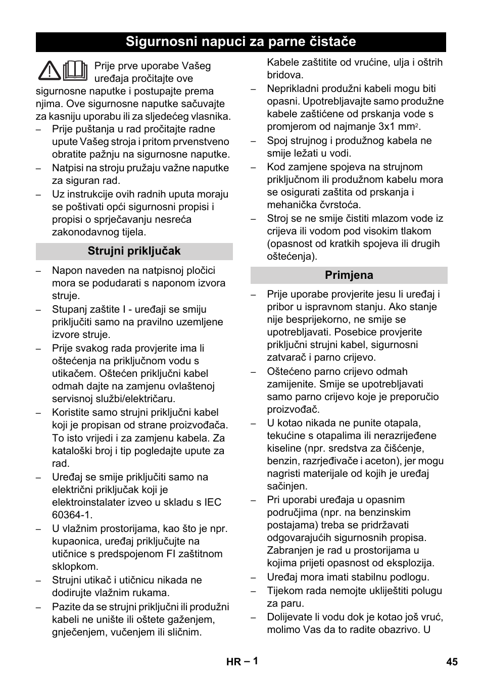Hrvatski, Sigurnosni napuci za parne čistače | Karcher DE 4002 EU User Manual | Page 45 / 60