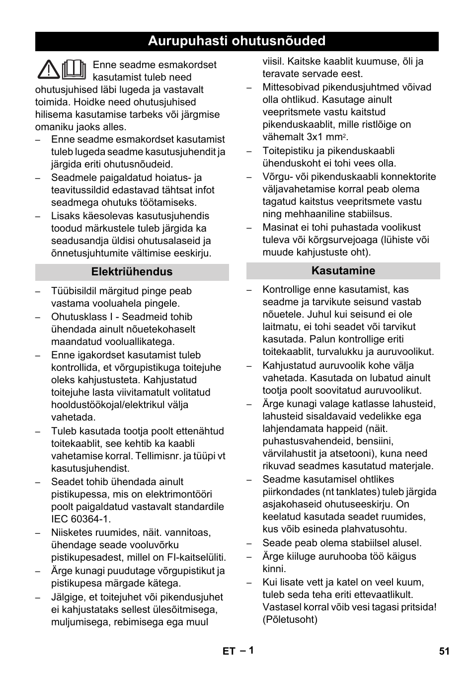 Eesti, Aurupuhasti ohutusnõuded | Karcher DE 4002 EU User Manual | Page 51 / 60