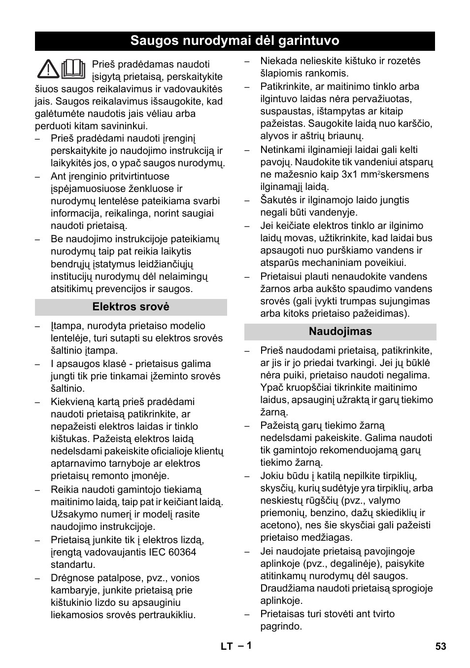 Lietuviškai, Saugos nurodymai dėl garintuvo | Karcher DE 4002 EU User Manual | Page 53 / 60