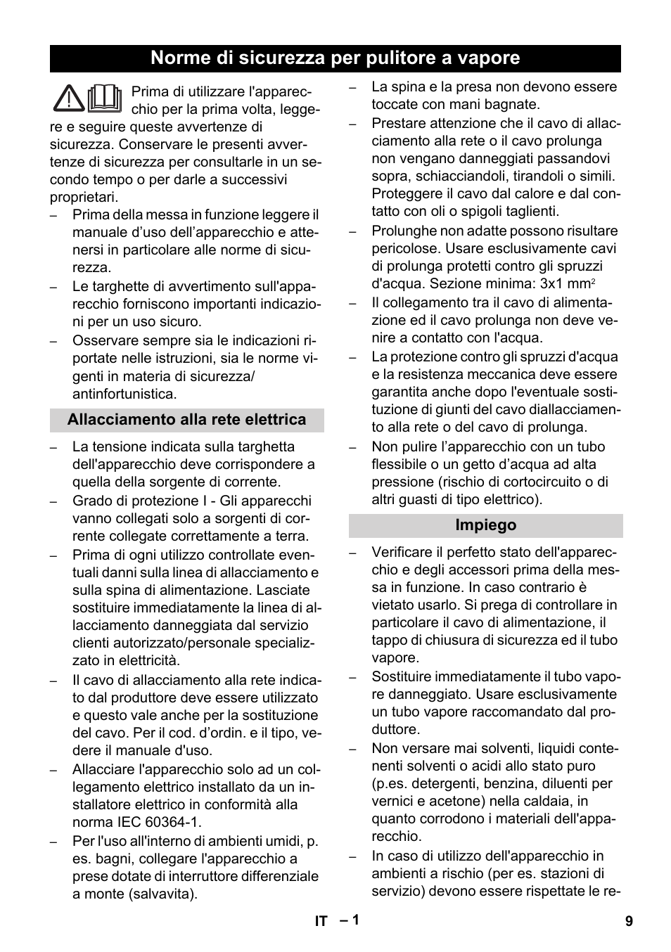 Italiano, Norme di sicurezza per pulitore a vapore | Karcher DE 4002 EU User Manual | Page 9 / 60
