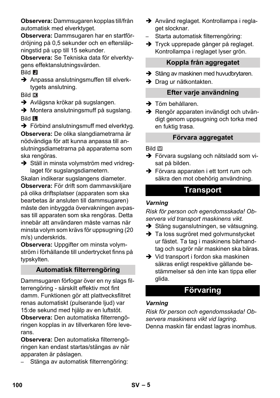 Transport förvaring | Karcher NT 35-1 Tact Te M User Manual | Page 100 / 284