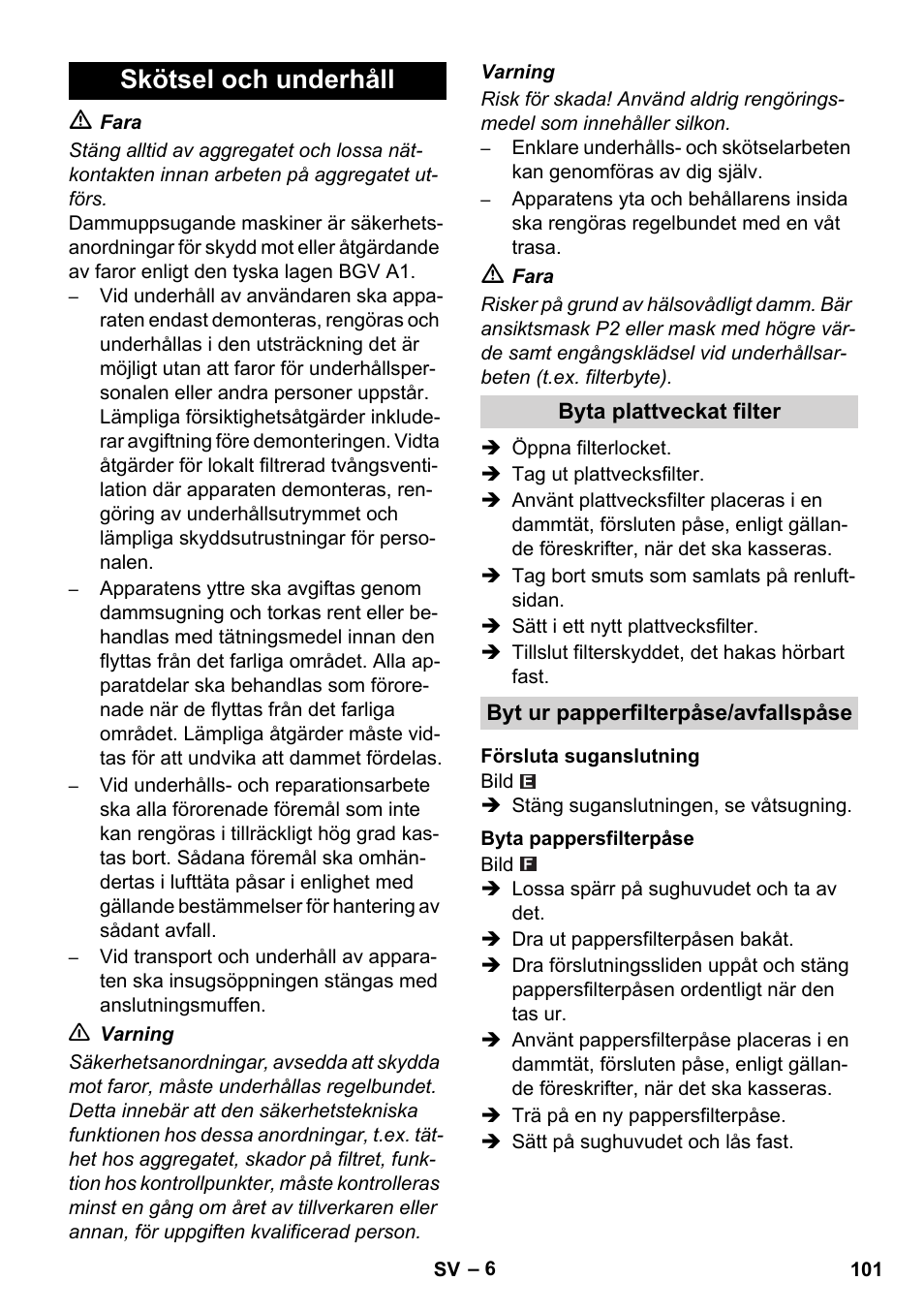 Skötsel och underhåll | Karcher NT 35-1 Tact Te M User Manual | Page 101 / 284
