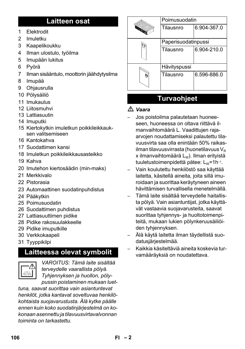 Laitteen osat laitteessa olevat symbolit, Turvaohjeet | Karcher NT 35-1 Tact Te M User Manual | Page 106 / 284