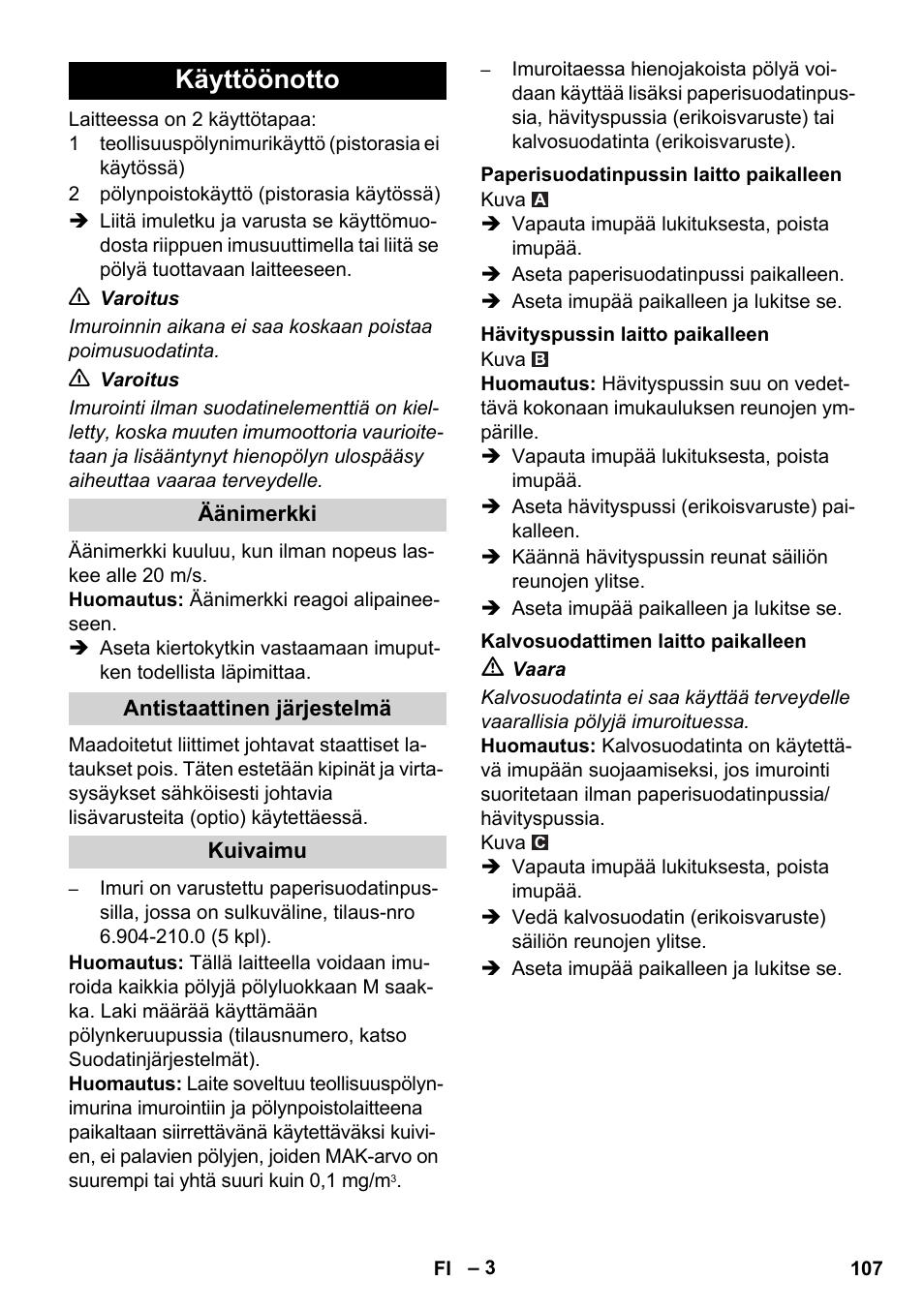 Käyttöönotto | Karcher NT 35-1 Tact Te M User Manual | Page 107 / 284