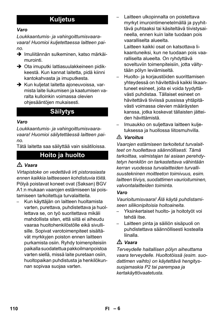 Kuljetus säilytys hoito ja huolto | Karcher NT 35-1 Tact Te M User Manual | Page 110 / 284