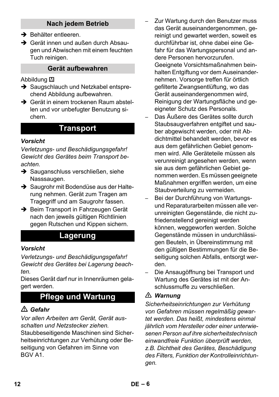 Transport lagerung pflege und wartung | Karcher NT 35-1 Tact Te M User Manual | Page 12 / 284