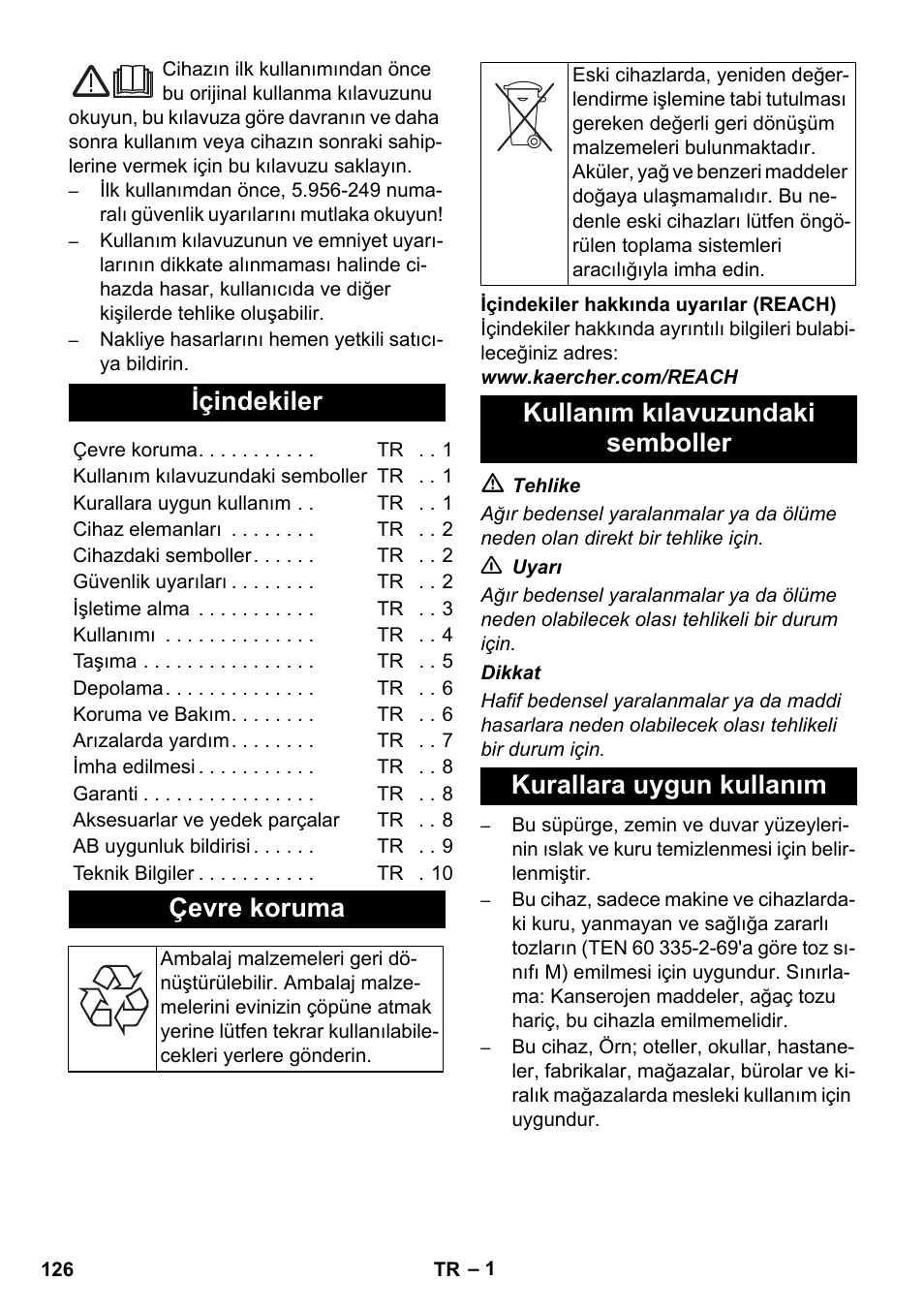 Türkçe, Içindekiler, Çevre koruma | Karcher NT 35-1 Tact Te M User Manual | Page 126 / 284