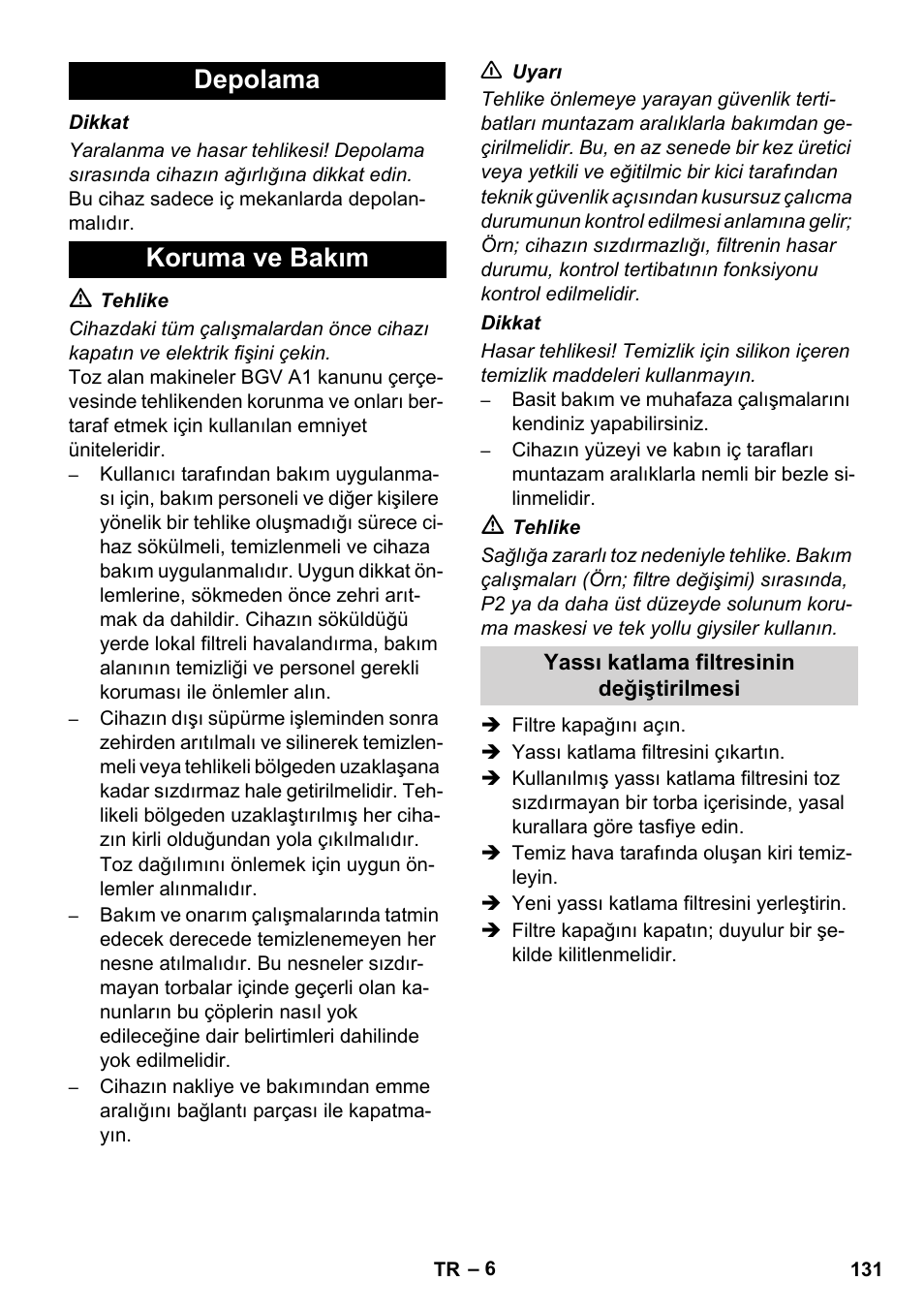 Depolama koruma ve bakım | Karcher NT 35-1 Tact Te M User Manual | Page 131 / 284