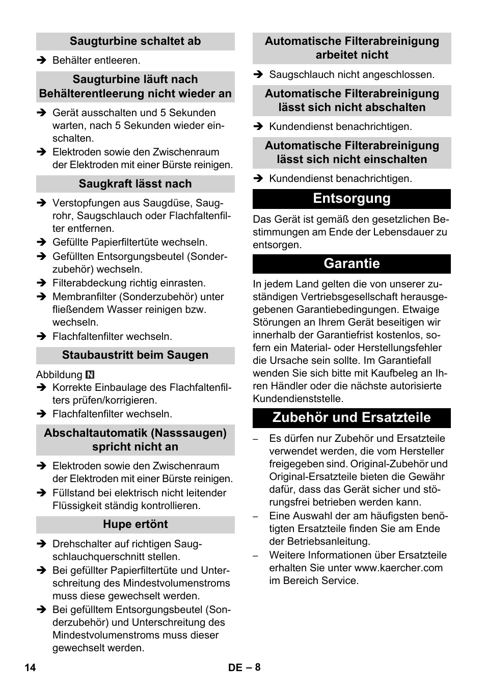 Entsorgung garantie zubehör und ersatzteile | Karcher NT 35-1 Tact Te M User Manual | Page 14 / 284