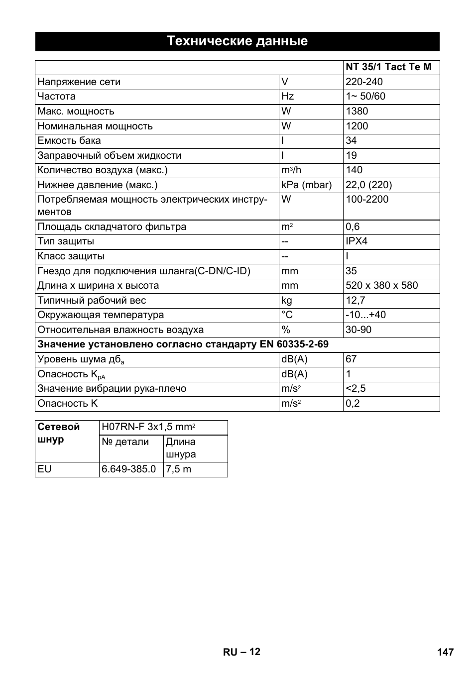 Технические данные | Karcher NT 35-1 Tact Te M User Manual | Page 147 / 284