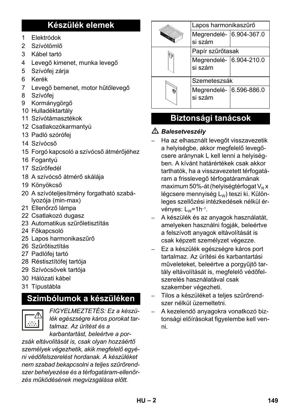 Készülék elemek szimbólumok a készüléken, Biztonsági tanácsok | Karcher NT 35-1 Tact Te M User Manual | Page 149 / 284