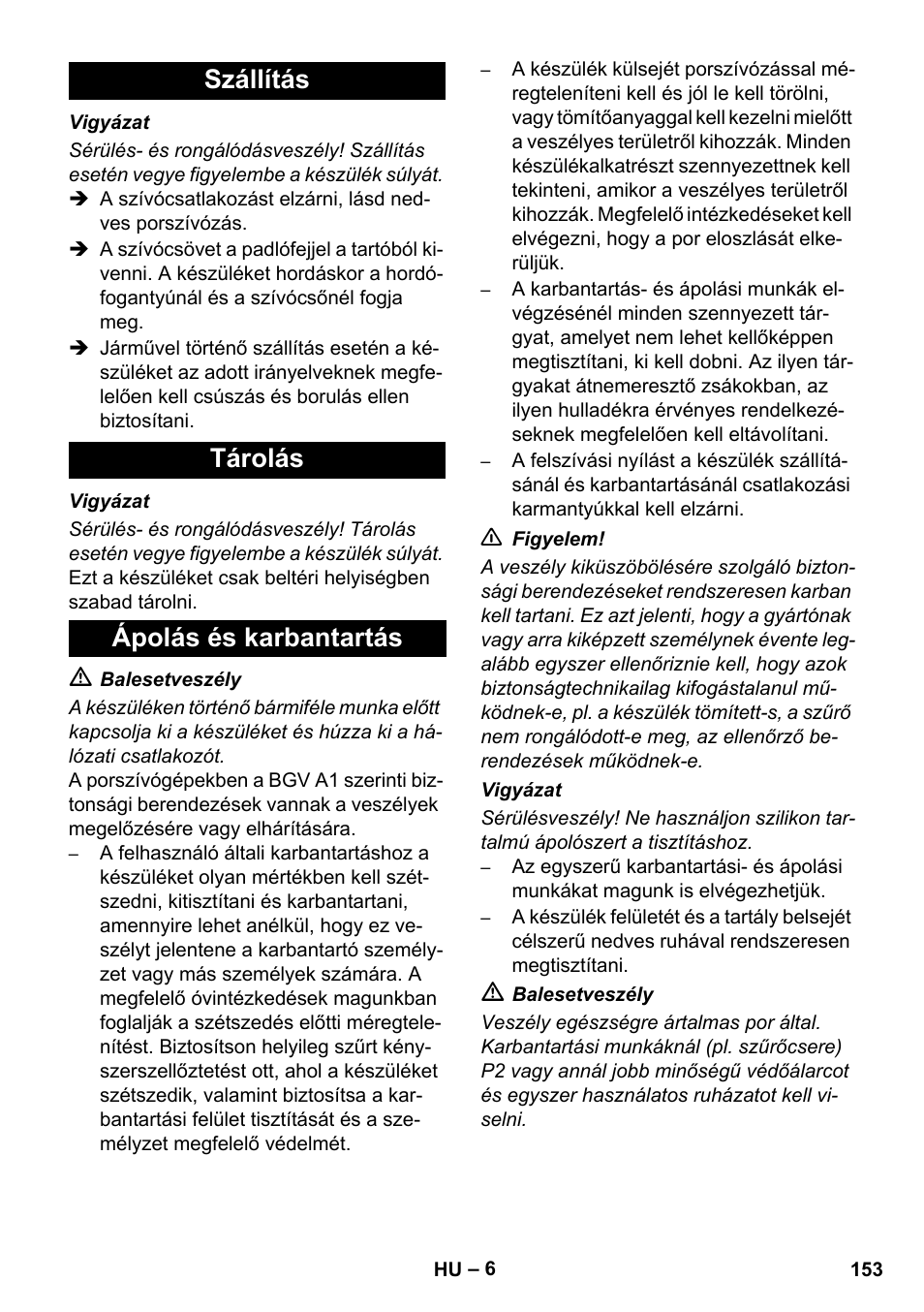 Szállítás tárolás ápolás és karbantartás | Karcher NT 35-1 Tact Te M User Manual | Page 153 / 284