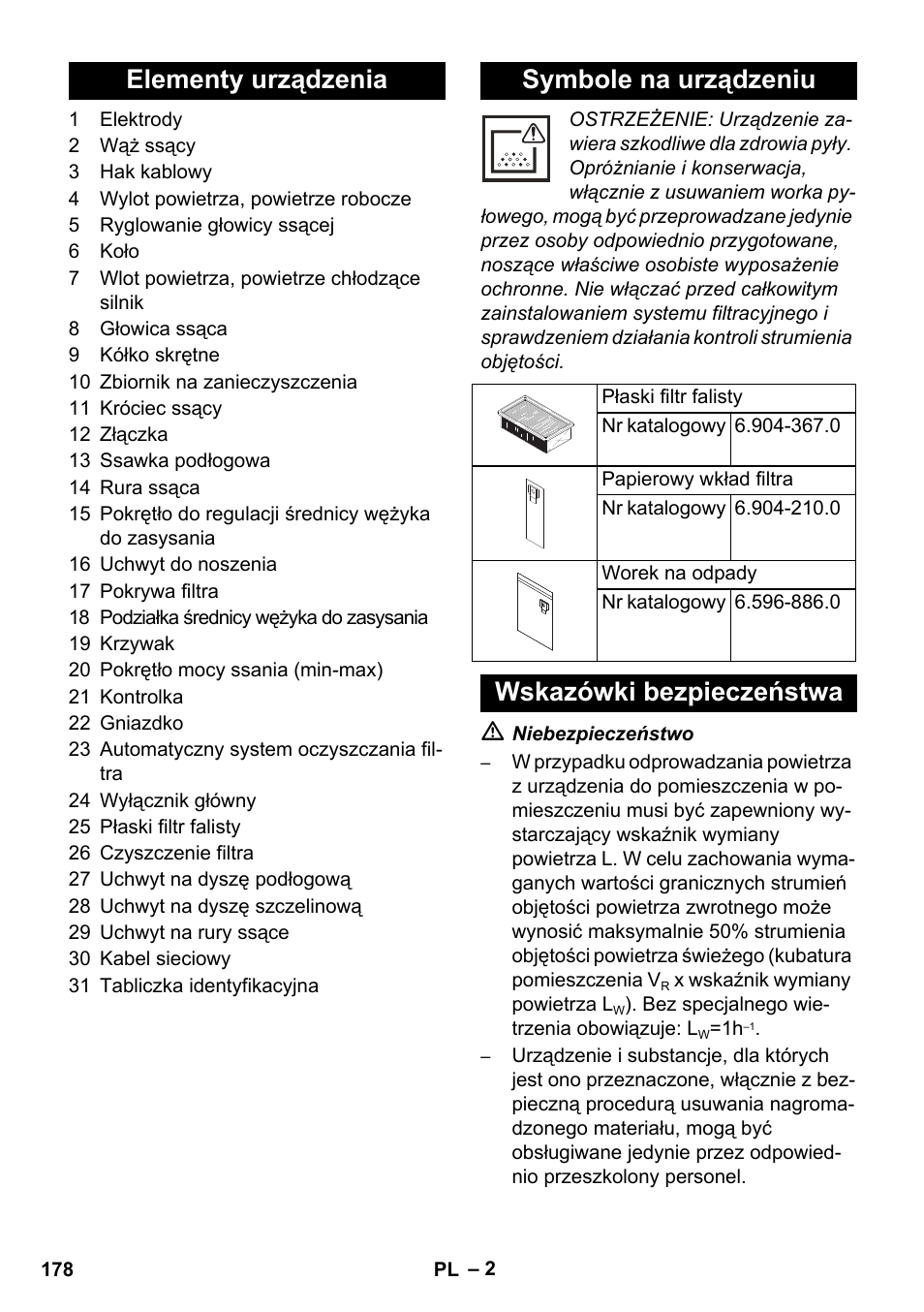 Elementy urządzenia symbole na urządzeniu, Wskazówki bezpieczeństwa | Karcher NT 35-1 Tact Te M User Manual | Page 178 / 284