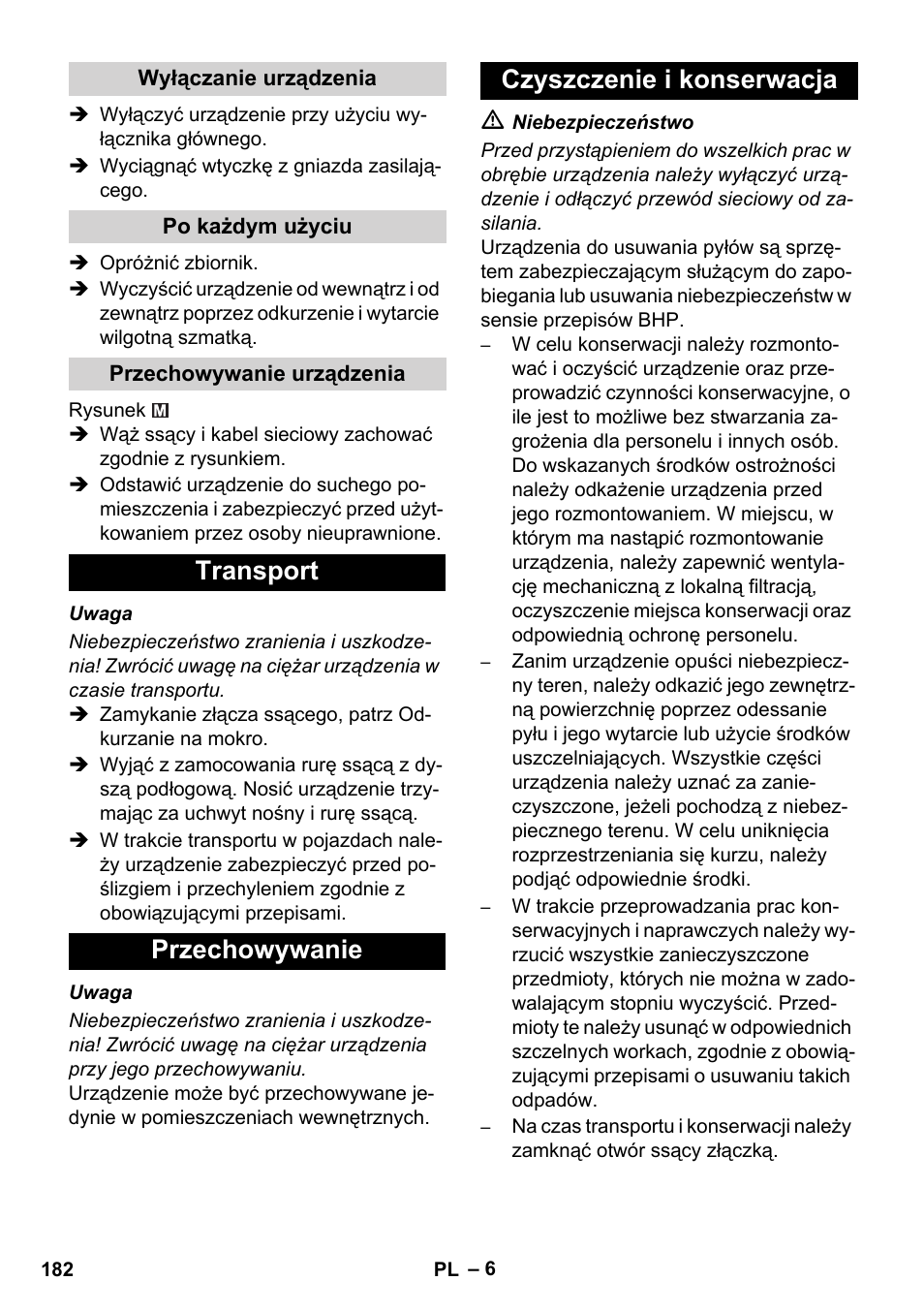 Transport przechowywanie czyszczenie i konserwacja | Karcher NT 35-1 Tact Te M User Manual | Page 182 / 284