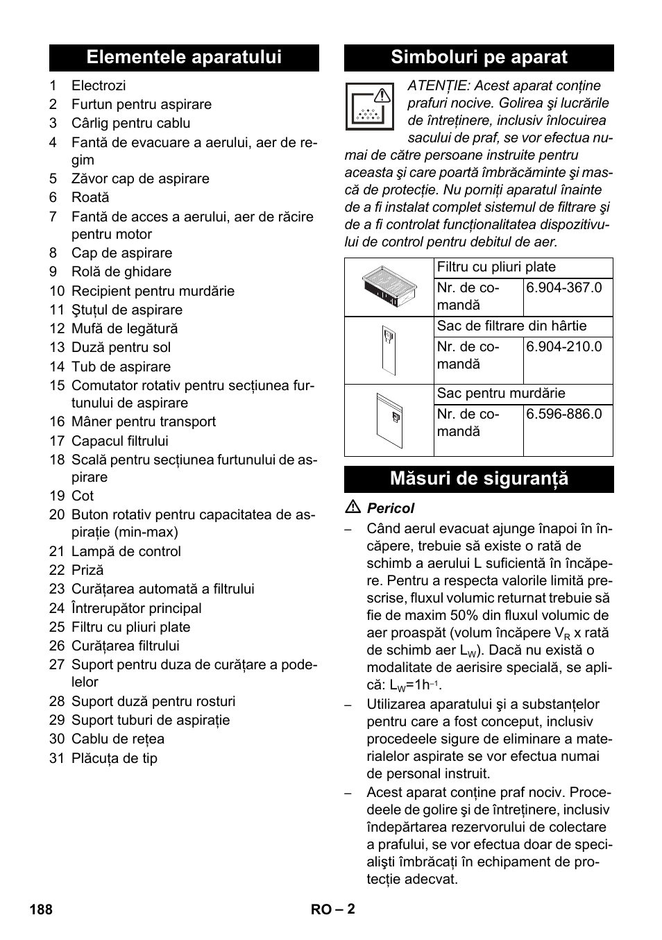 Elementele aparatului simboluri pe aparat, Măsuri de siguranţă | Karcher NT 35-1 Tact Te M User Manual | Page 188 / 284