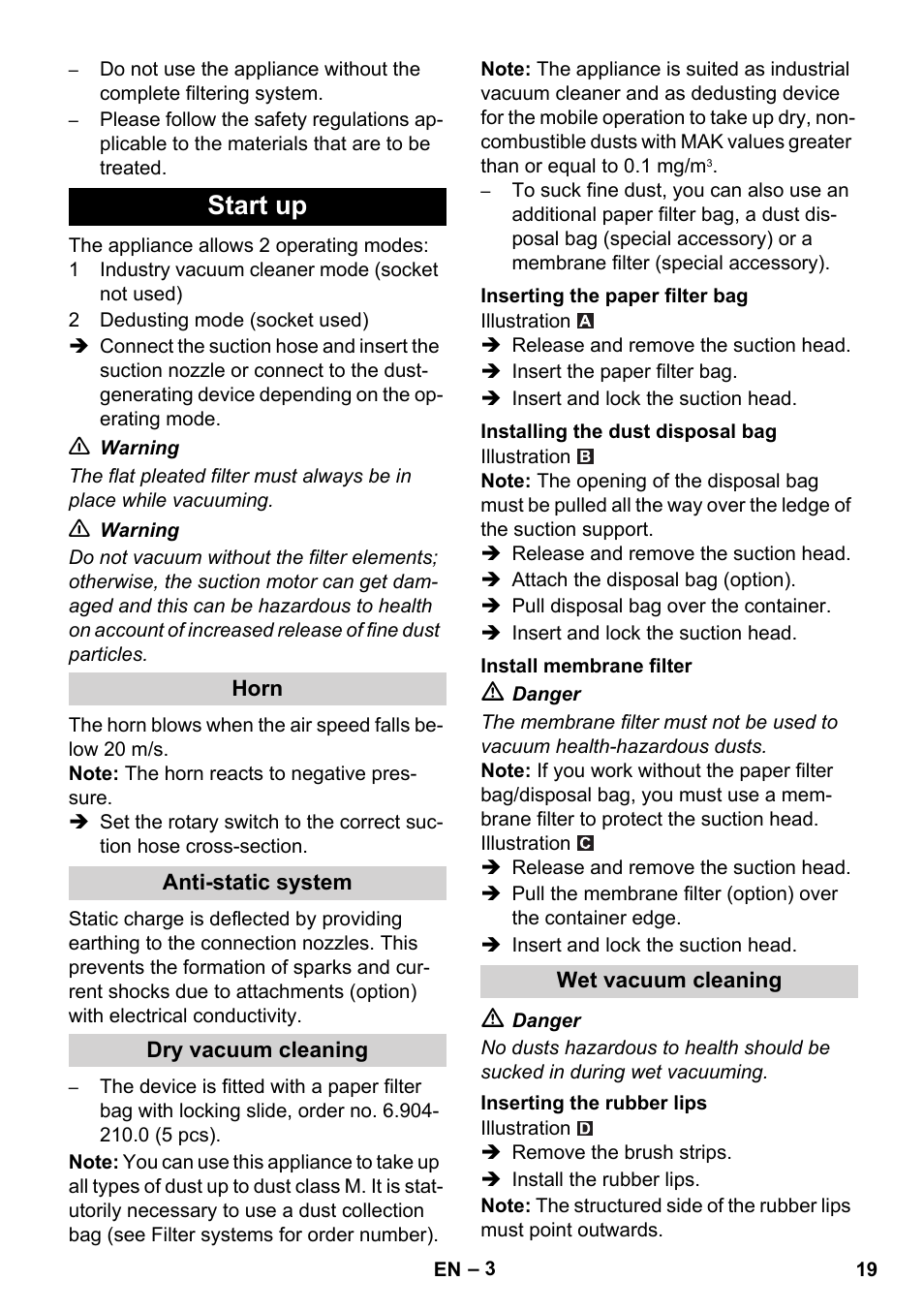 Start up | Karcher NT 35-1 Tact Te M User Manual | Page 19 / 284