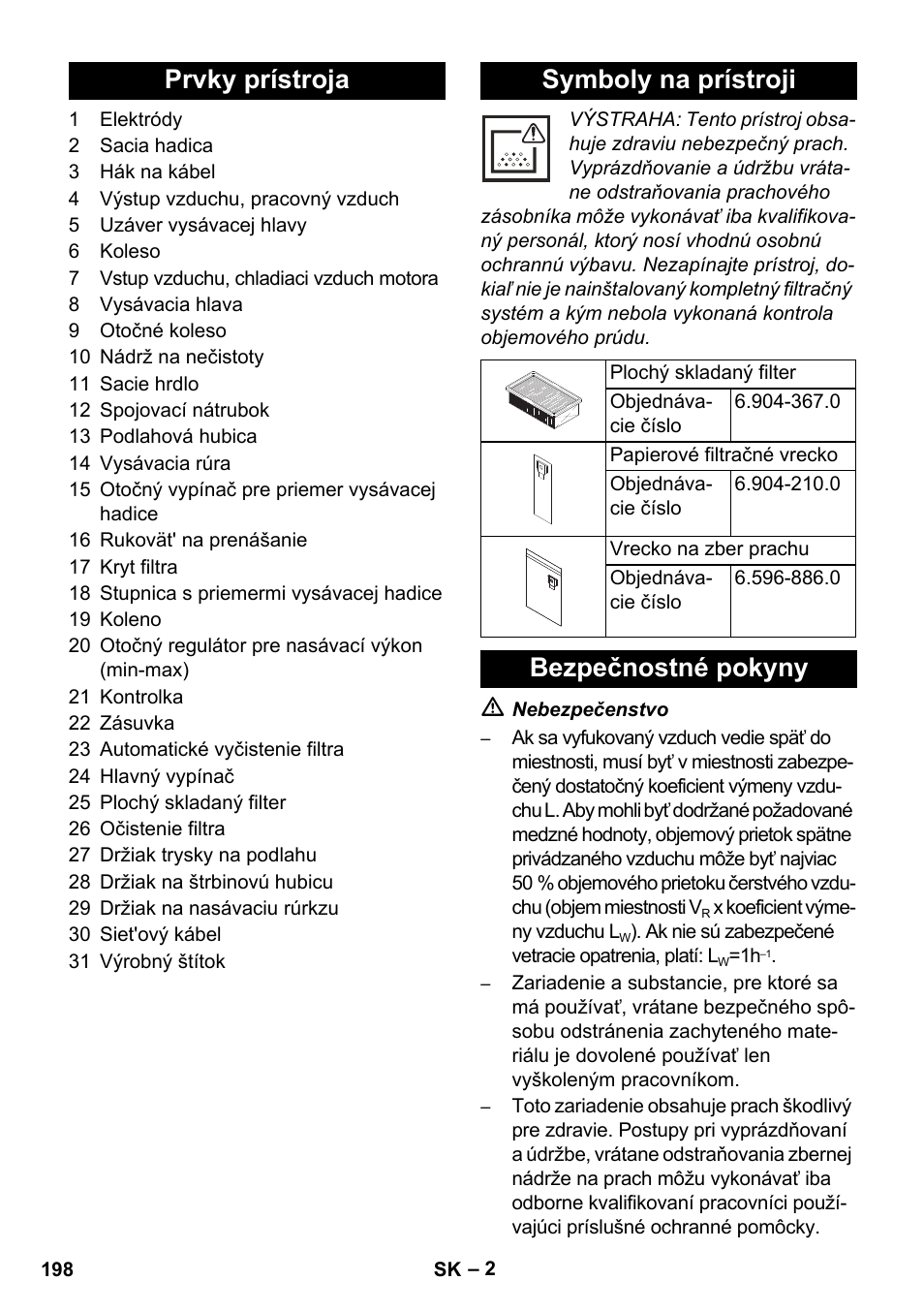 Prvky prístroja symboly na prístroji, Bezpečnostné pokyny | Karcher NT 35-1 Tact Te M User Manual | Page 198 / 284