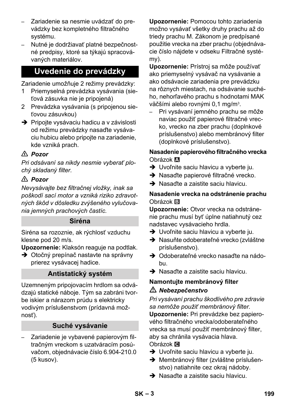 Uvedenie do prevádzky | Karcher NT 35-1 Tact Te M User Manual | Page 199 / 284