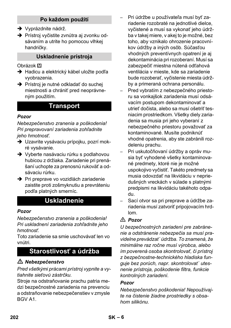 Transport uskladnenie starostlivosť a údržba | Karcher NT 35-1 Tact Te M User Manual | Page 202 / 284