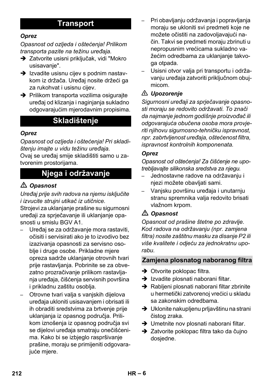 Transport skladištenje njega i održavanje | Karcher NT 35-1 Tact Te M User Manual | Page 212 / 284