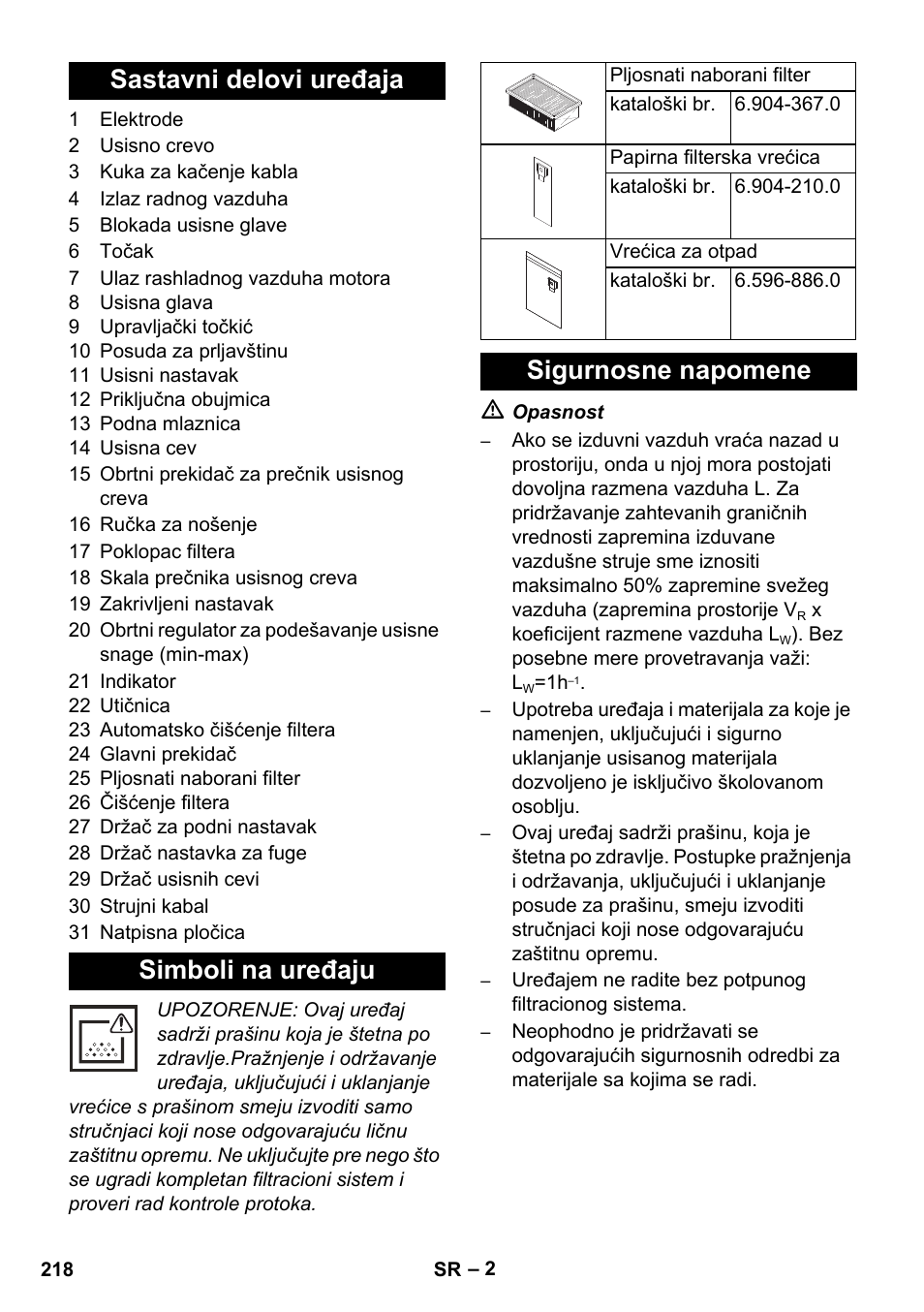 Sastavni delovi uređaja simboli na uređaju, Sigurnosne napomene | Karcher NT 35-1 Tact Te M User Manual | Page 218 / 284