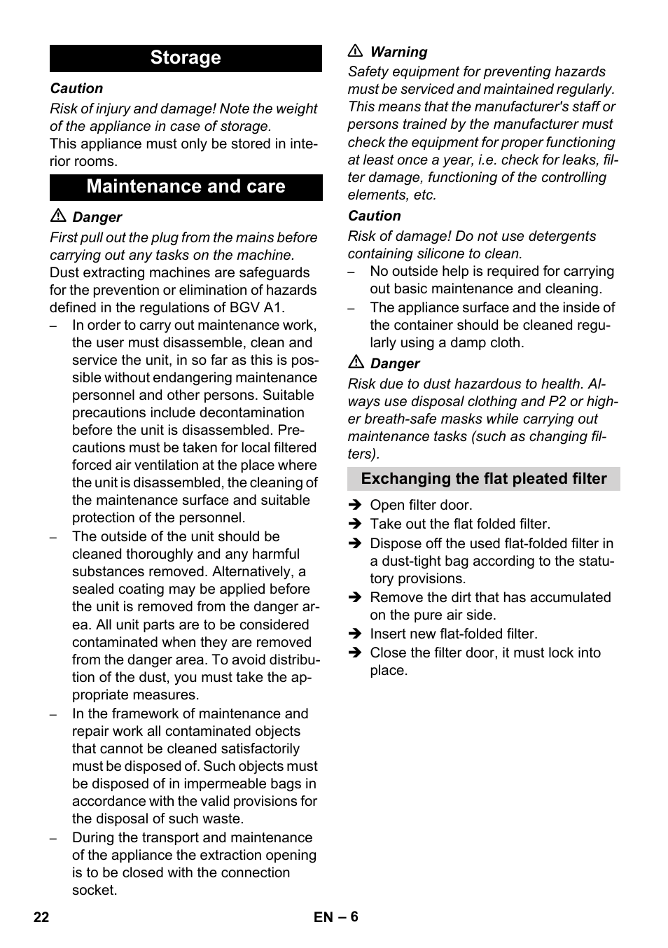 Storage maintenance and care | Karcher NT 35-1 Tact Te M User Manual | Page 22 / 284