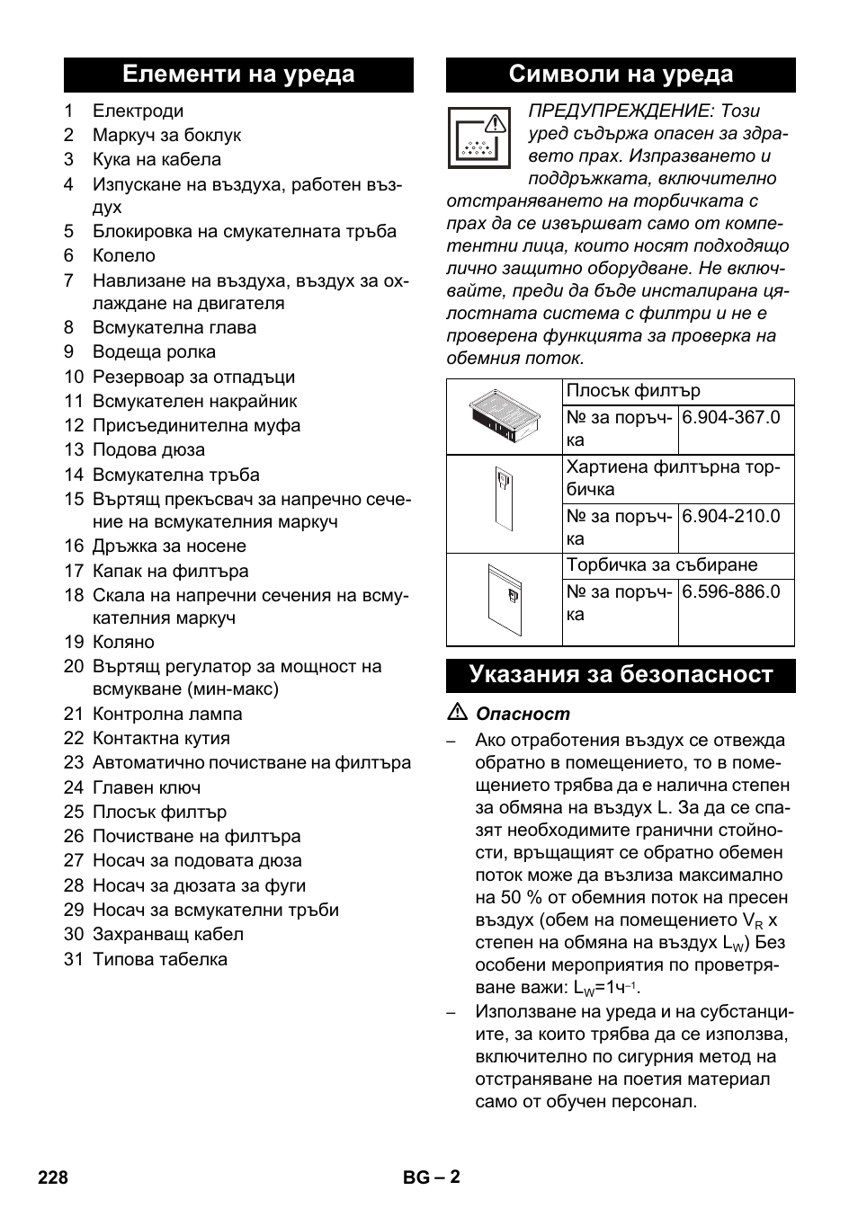 Елементи на уреда символи на уреда, Указания за безопасност | Karcher NT 35-1 Tact Te M User Manual | Page 228 / 284