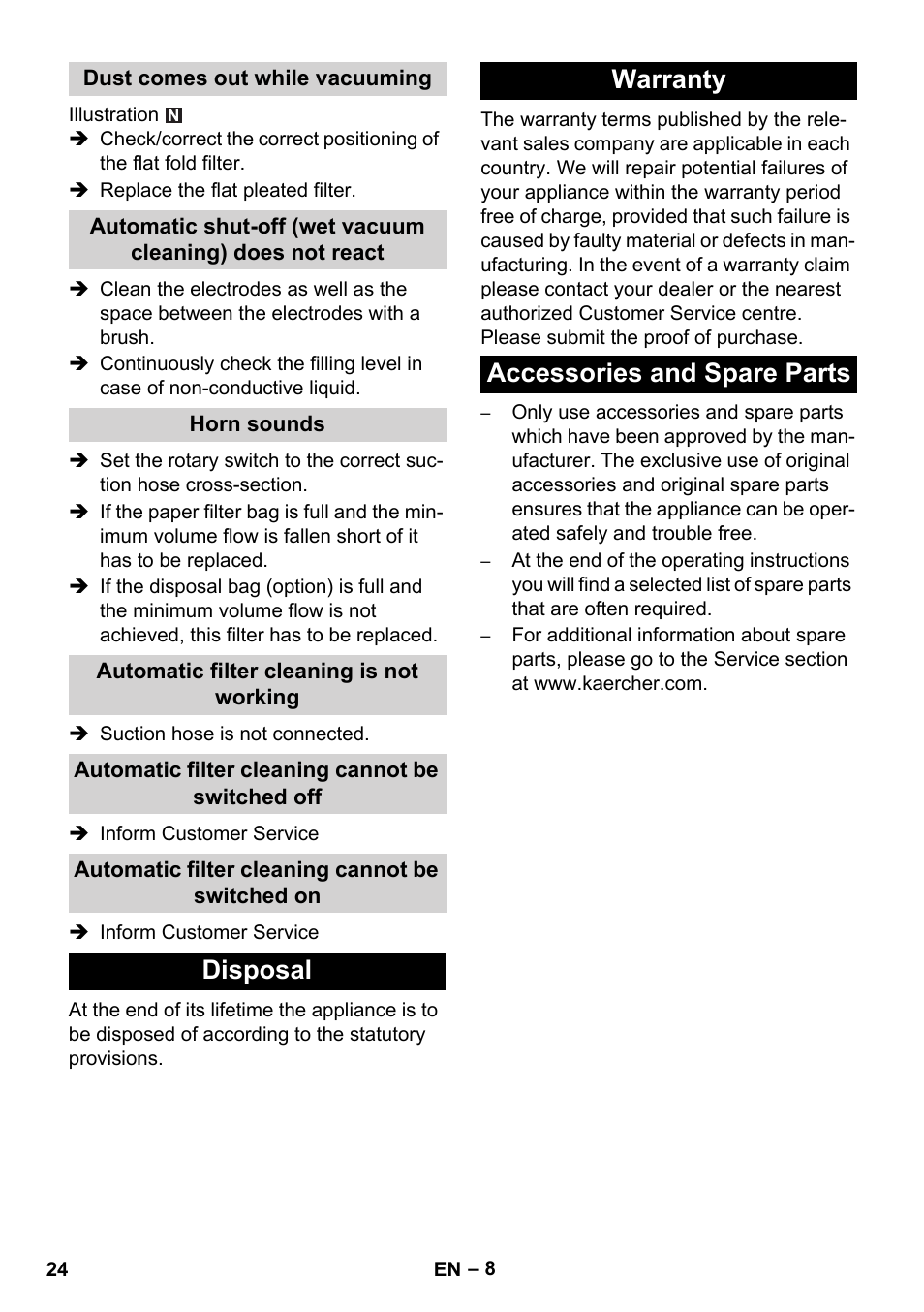 Disposal warranty accessories and spare parts | Karcher NT 35-1 Tact Te M User Manual | Page 24 / 284