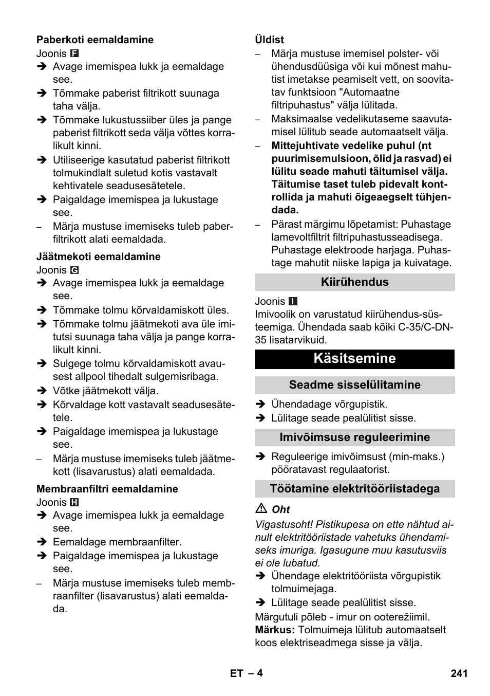 Käsitsemine | Karcher NT 35-1 Tact Te M User Manual | Page 241 / 284