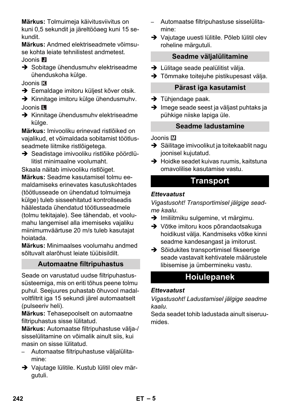 Transport hoiulepanek | Karcher NT 35-1 Tact Te M User Manual | Page 242 / 284