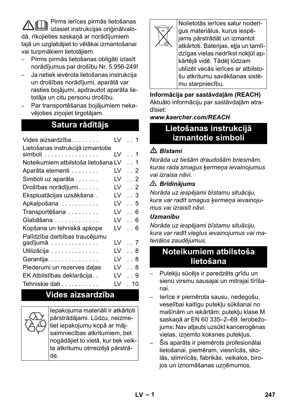 Latviešu, Satura rādītājs, Vides aizsardzība | Karcher NT 35-1 Tact Te M User Manual | Page 247 / 284