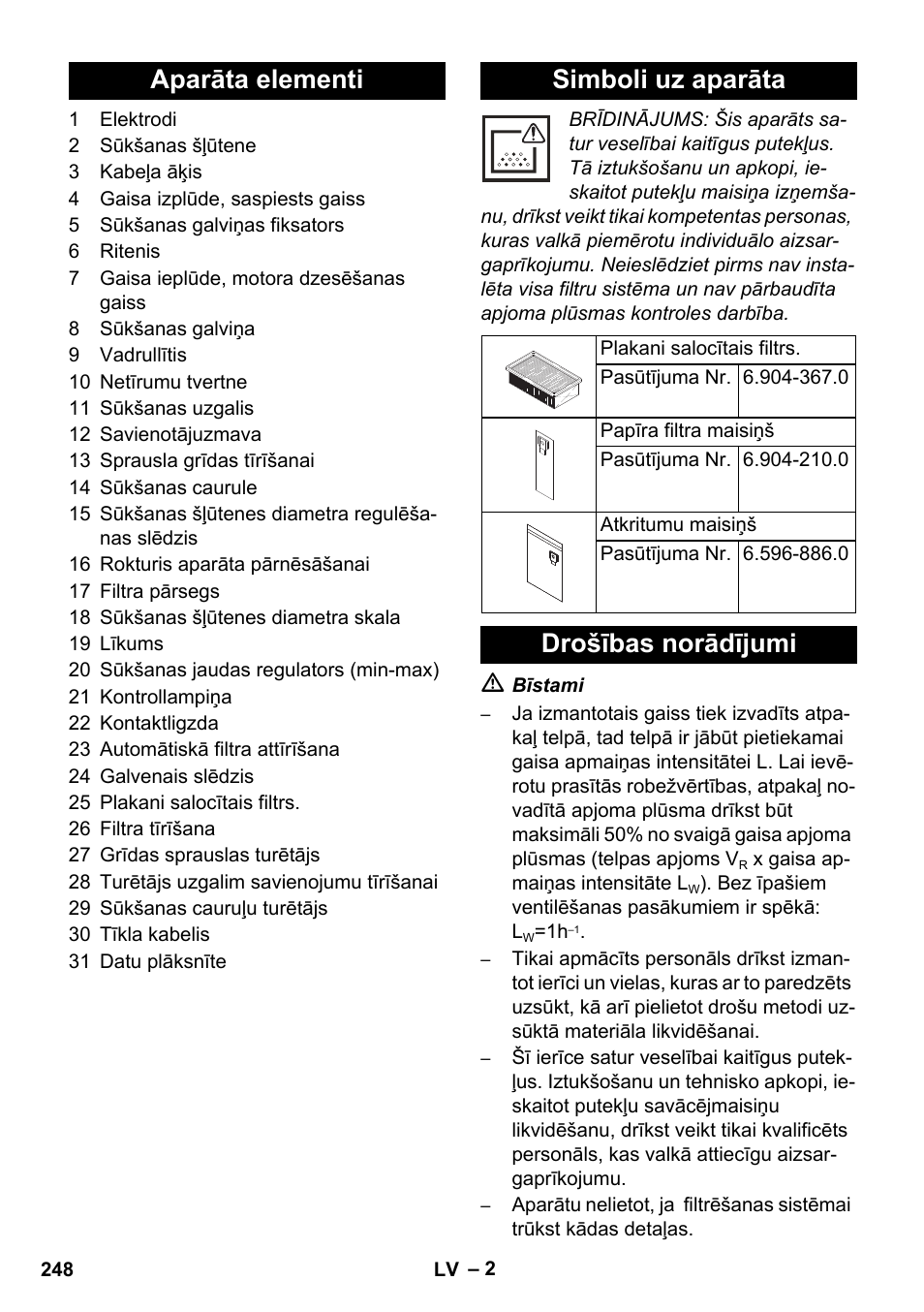 Aparāta elementi simboli uz aparāta, Drošības norādījumi | Karcher NT 35-1 Tact Te M User Manual | Page 248 / 284