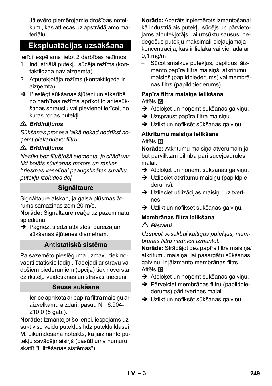 Ekspluatācijas uzsākšana | Karcher NT 35-1 Tact Te M User Manual | Page 249 / 284