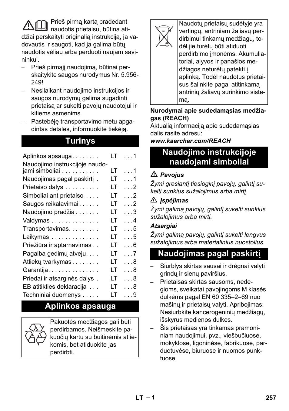 Lietuviškai, Turinys, Aplinkos apsauga | Karcher NT 35-1 Tact Te M User Manual | Page 257 / 284