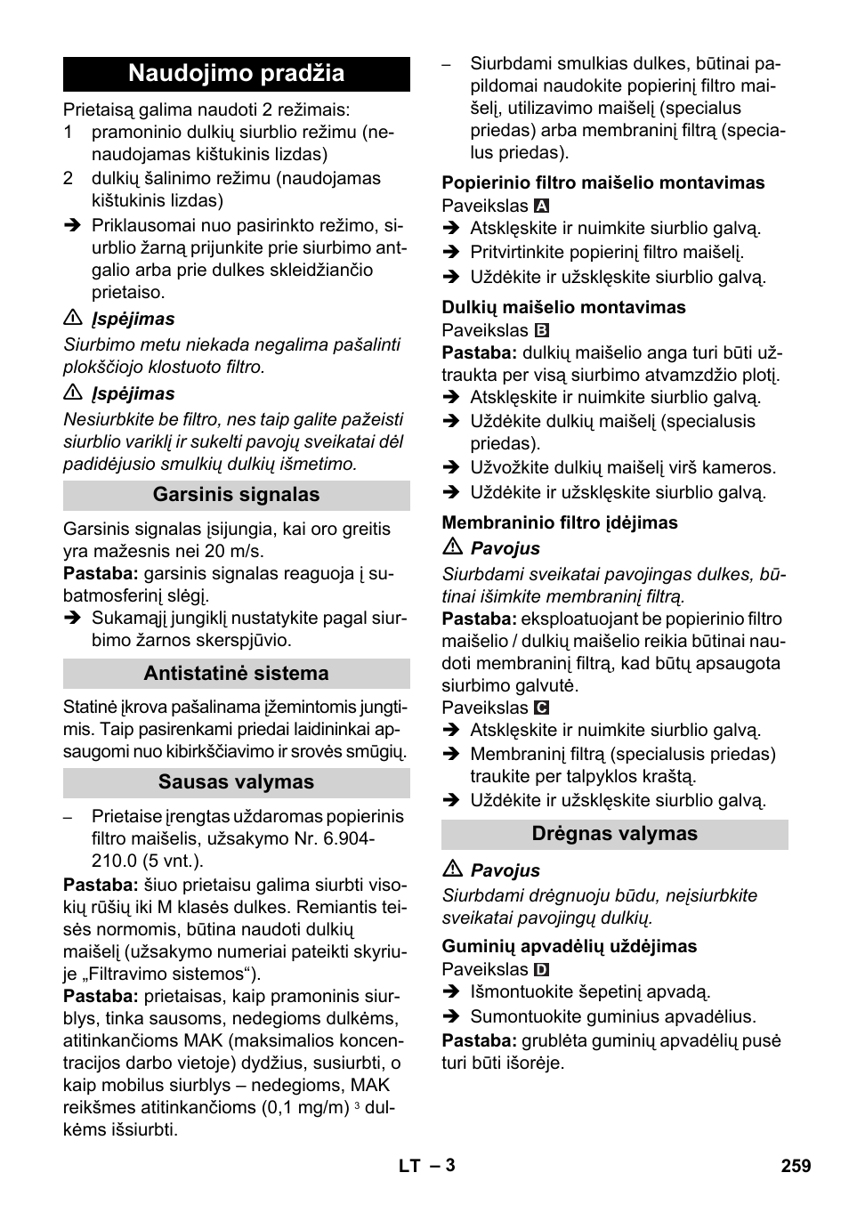 Naudojimo pradžia | Karcher NT 35-1 Tact Te M User Manual | Page 259 / 284